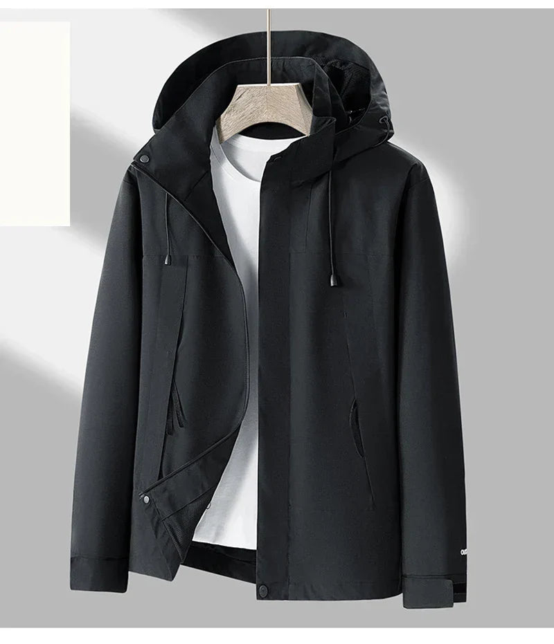 Men’s Hooded Outdoor Jacket – Wind-Resistant Zip-Up Coat with Adjustable Hood and Secure Pockets