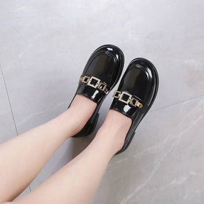 Women’s Waterproof Rain Loafers – Glossy Slip-On Shoes with Decorative Chain and Non-Slip Sole