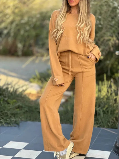 Women’s Relaxed Long-Sleeve Co-Ord Set – Soft Drawstring Wide-Leg Trousers for Everyday and Leisure Wear