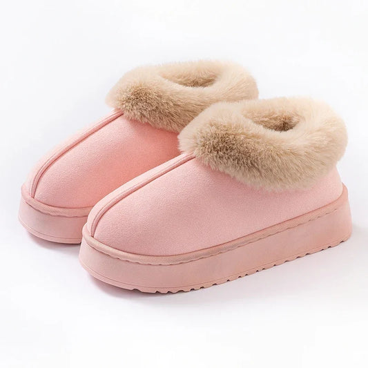 Women’s Plush-Lined Winter Slippers – Faux-Suede Platform Slip-On House Shoes with Fluffy Faux-Fur Trim