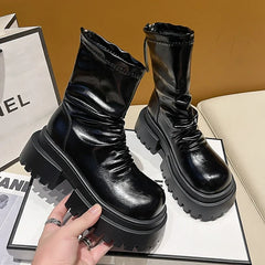Women’s Chunky Platform Ankle Boots – Ruched Winter Boots with Lug Sole and Rear Zip