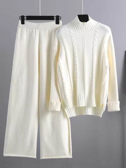 Women’s Ribbed Turtleneck Knit Set – Relaxed Long-Sleeve Jumper and Wide-Leg Trousers for Cold-Weather Wear