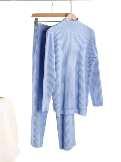 Women’s High-Neck Knit Co-Ord Set – Relaxed Longline Pullover with Straight-Leg Trousers for Casual Lounge Wear