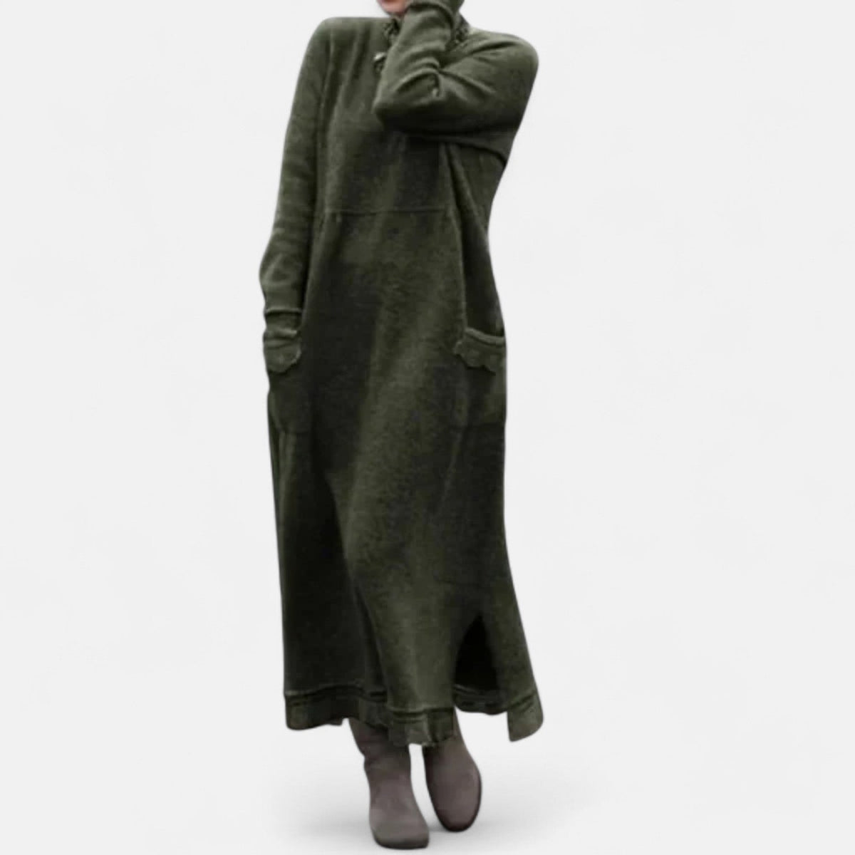 Women’s Knitted Maxi Dress – Stand-Collar Jumper Dress with Pockets