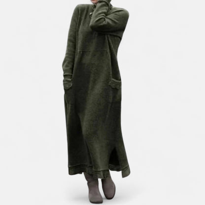 Women’s Knitted Maxi Dress – Stand-Collar Jumper Dress with Pockets