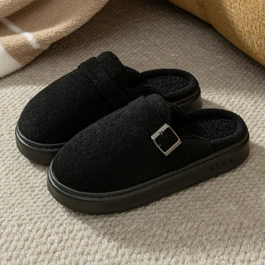 Women’s Plush Indoor Slippers – Buckle-Strap House Shoes with Cushioned Non-Slip Sole