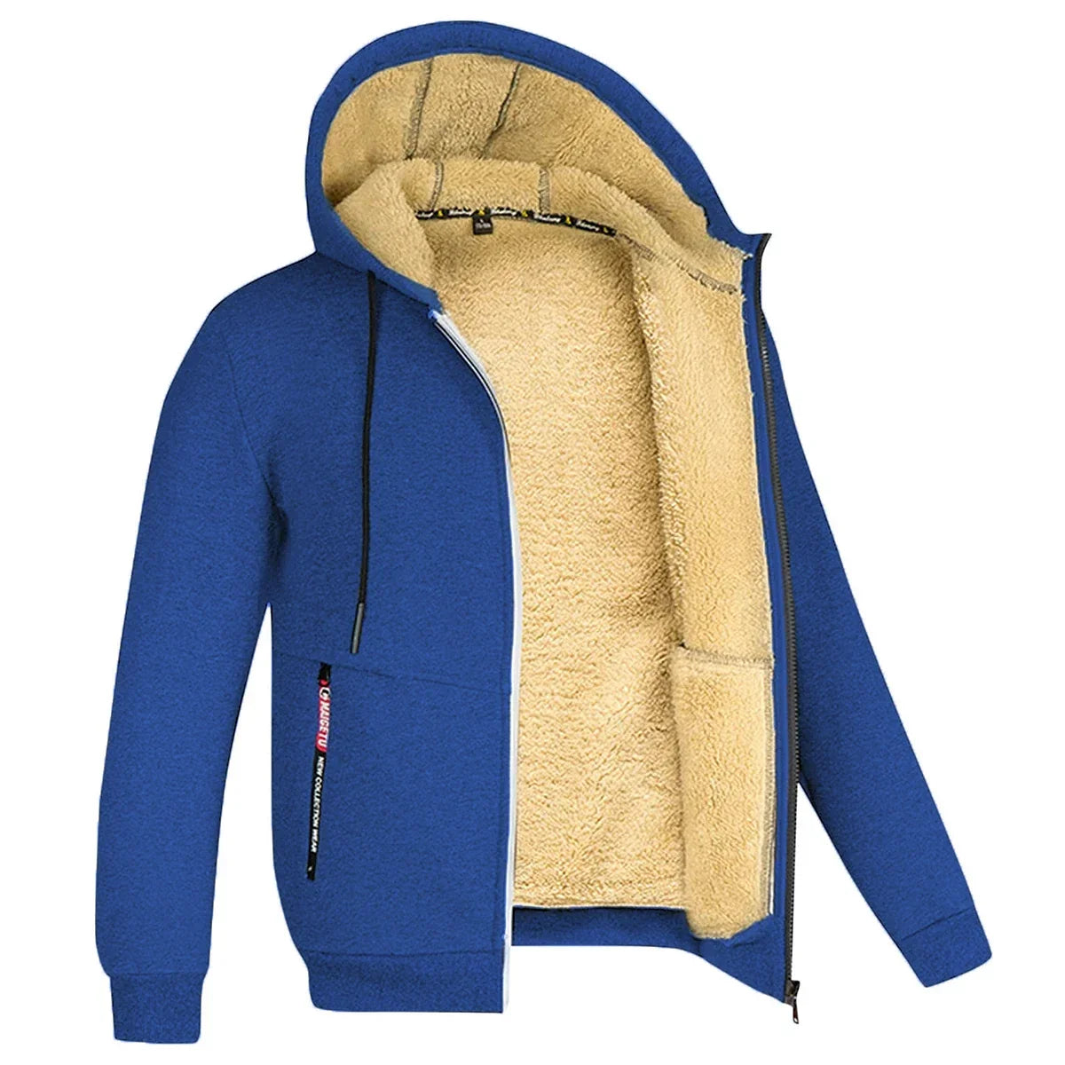 Men’s Plush Hooded Fleece Jacket – Thick Zip-Up Winter Layer with Ribbed Cuffs