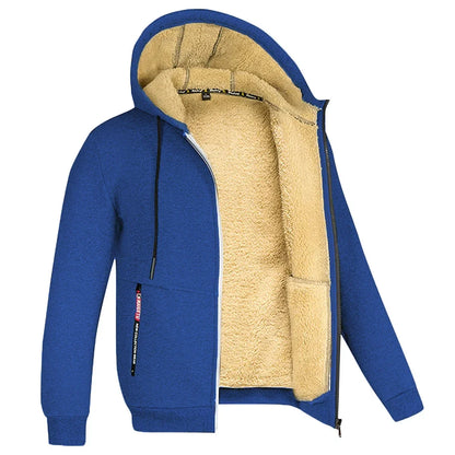 Men’s Plush Hooded Fleece Jacket – Thick Zip-Up Winter Layer with Ribbed Cuffs