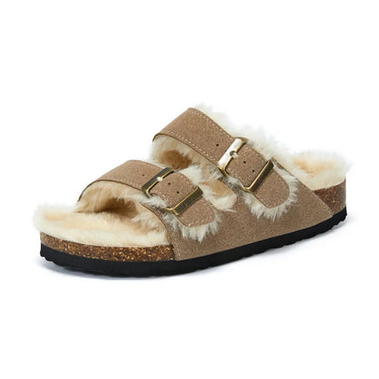 Women’s Plush-Lined Buckle Winter Slippers – Cosy Indoor Outdoor Sandals