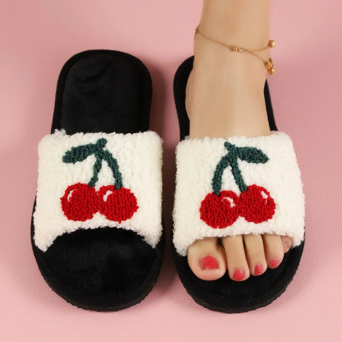 Women’s Cherry-Detail Plush Slide Slippers – Open-Toe House Shoes with Cushioned Sole