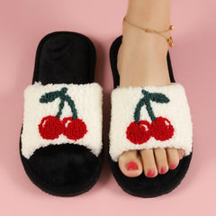 Women’s Cherry-Detail Plush Slide Slippers – Open-Toe House Shoes with Cushioned Sole