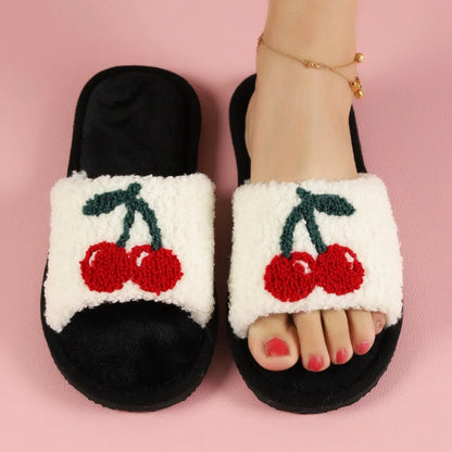 Women’s Cherry-Detail Plush Slide Slippers – Open-Toe House Shoes with Cushioned Sole