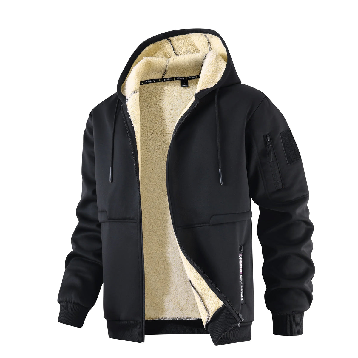 Men’s Sherpa-Lined Hooded Fleece Jacket – Thick Zip-Up Winter Outerwear with Utility Sleeve Pocket