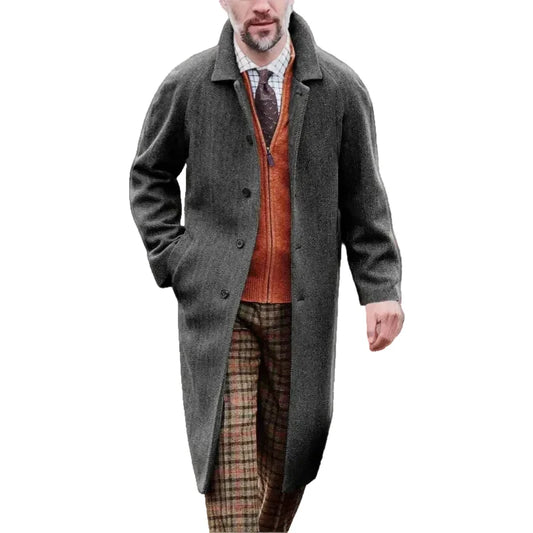 Men’s Herringbone Wool-Blend Overcoat – Smart Tailored Long Coat for Winter Business Casual and Formal Wear