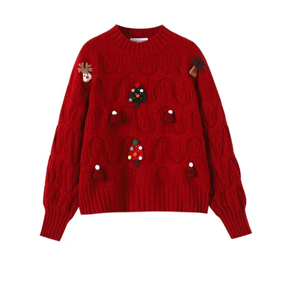 Women’s Festive Cable Knit Sweater – 3D Christmas Appliqué Pullover with Balloon Sleeves