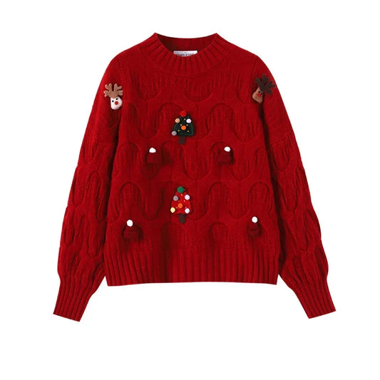 Women’s Festive Cable Knit Sweater – 3D Christmas Appliqué Pullover with Balloon Sleeves
