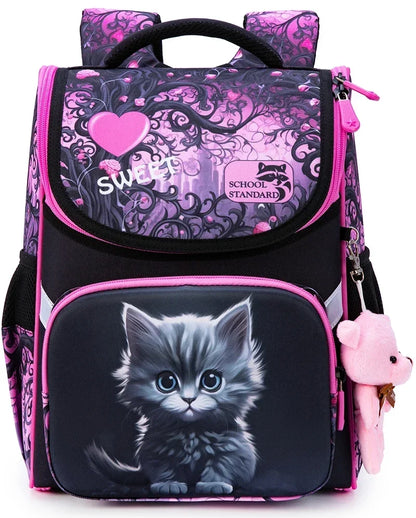 Children’s Cat Print School Backpack – Structured Primary School Bag with Multiple Compartments and Adjustable Straps