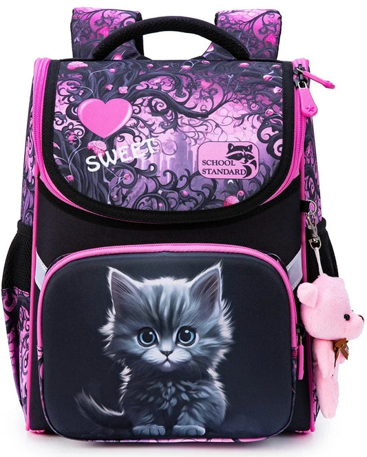 Children’s Cat Print School Backpack – Structured Primary School Bag with Multiple Compartments and Adjustable Straps
