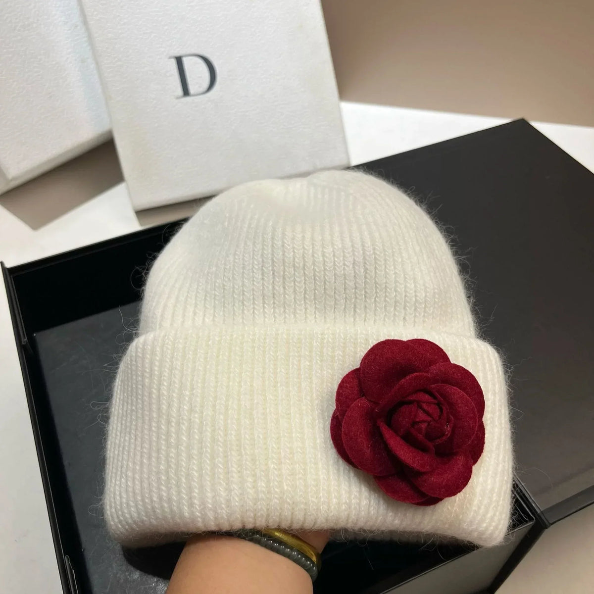 Women’s Rabbit-Fur Knit Winter Beanie – Soft Ribbed Warm Hat with Camellia Flower Detail