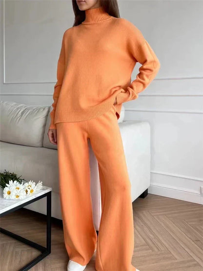 Women’s High-Neck Knit Co-Ord Set – Relaxed Longline Pullover with Straight-Leg Trousers for Casual Lounge Wear