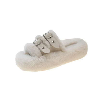 Women’s Faux-Fur Buckle Slippers – Plush Open-Toe Platform Slides with Double Adjustable Straps