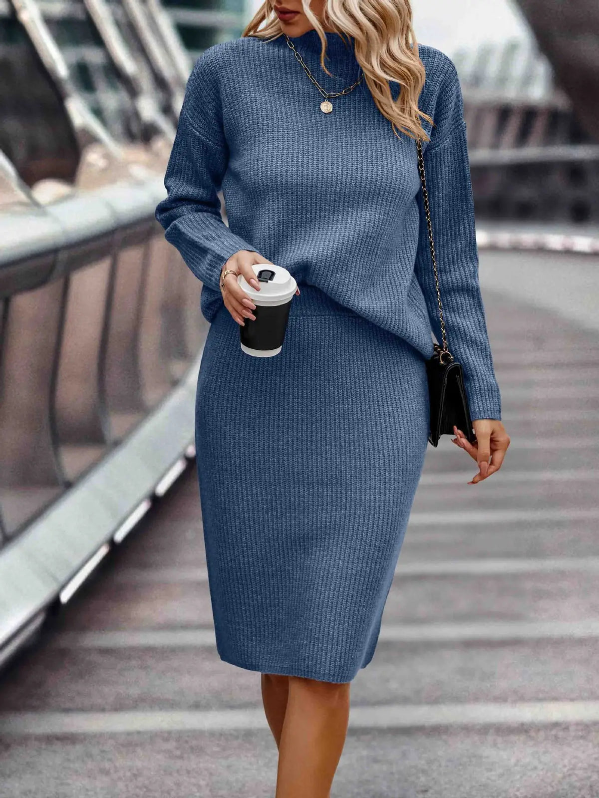 Women’s Knitted Set – Stand-Collar Jumper with Midi Skirt