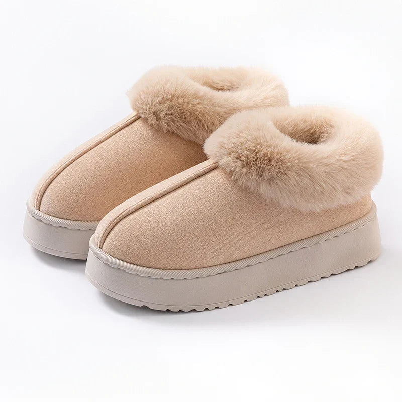 Women’s Plush-Lined Winter Slippers – Faux-Suede Platform Slip-On House Shoes with Fluffy Faux-Fur Trim