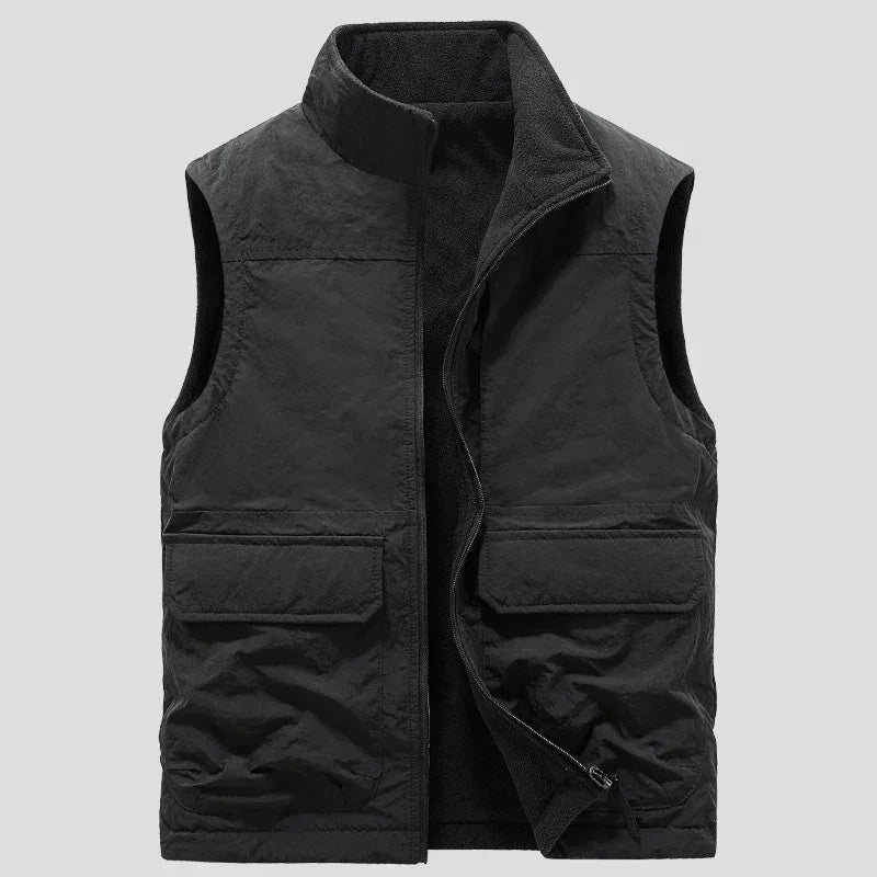 Men’s Reversible Fleece Vest – Multi-Pocket Sleeveless Winter Layer with High Stand Collar