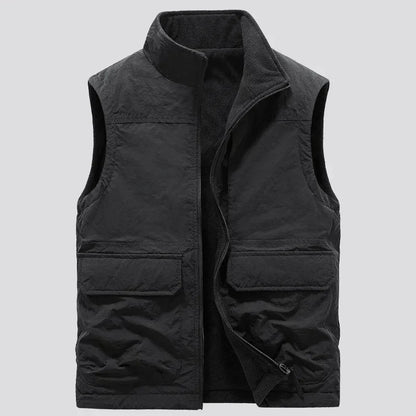 Men’s Reversible Fleece Vest – Multi-Pocket Sleeveless Winter Layer with High Stand Collar