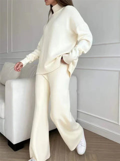 Women’s High-Neck Knit Co-Ord Set – Relaxed Longline Pullover with Straight-Leg Trousers for Casual Lounge Wear