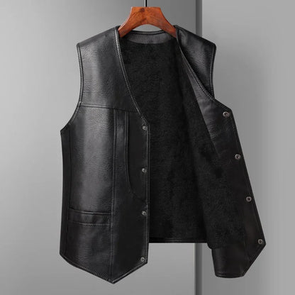 Men’s Fleece-Lined Leather Winter Vest – Warm V-Neck Sleeveless Waistcoat for Casual Cold-Weather Layering