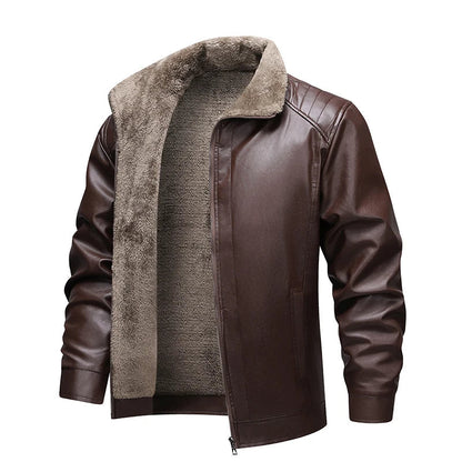 Men’s Fleece-Lined Leather Jacket – Retro Biker Outerwear with Warm Turn-Down Collar