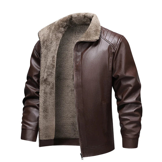 Men’s Fleece-Lined Leather Jacket – Retro Biker Outerwear with Warm Turn-Down Collar