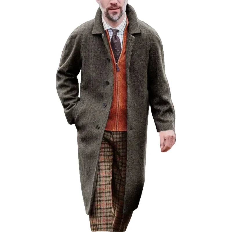 Men’s Herringbone Wool-Blend Overcoat – Smart Tailored Long Coat for Winter Business Casual and Formal Wear