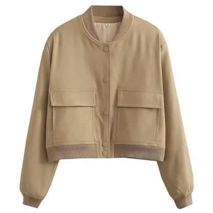Women’s Relaxed Fit Bomber Jacket – Cropped Snap-Front Layer for Autumn and Winter Casual Wear