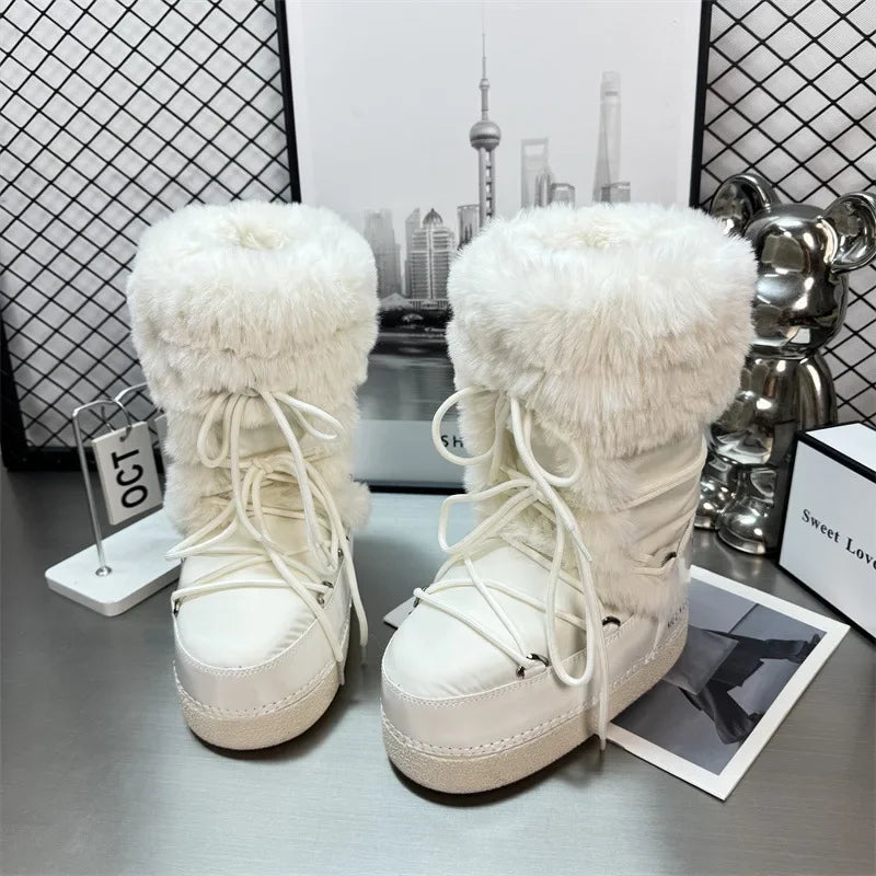 Women’s Water-Repellent Plush-Trim Snow Boots – Lace-Up Chunky-Sole Winter Boots