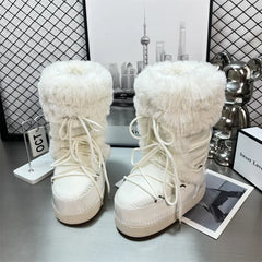 Women’s Water-Repellent Plush-Trim Snow Boots – Lace-Up Chunky-Sole Winter Boots