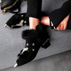 Women’s Faux-Fur Rhinestone Ankle Boots – Pointed-Toe Block-Heel Winter Boots for Evening Wear