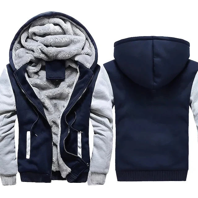 Men’s Plush Hooded Fleece Jacket – Thick Zip-Up Winter Layer with Ribbed Cuffs