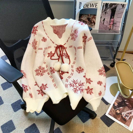 Women’s V-Neck Christmas Sweater – Pom-Pom Tie Knit for Festive Winter Styling