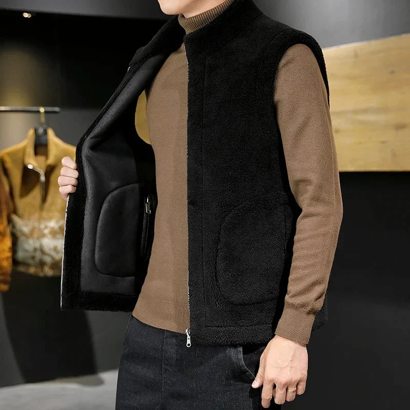 Men’s Sherpa Fleece Winter Vest – Reversible Stand-Collar Sleeveless Zip-Up Gilet for Warm Casual Layering