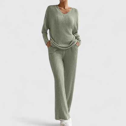 Women’s Ribbed Knit Lounge Set – V-Neck Top and Wide-Leg Trousers for Home and Casual Wear