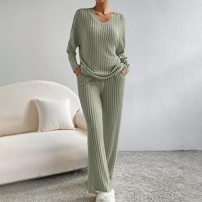 Women’s Ribbed Knit Trouser Co-Ord Set – Relaxed V-Neck Sweater with Wide-Leg Trousers for Autumn and Winter Wear