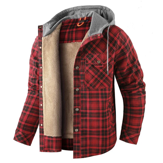Men’s Hooded Fleece-Lined Plaid Shirt Jacket – Warm Button-Up Winter Overshirt