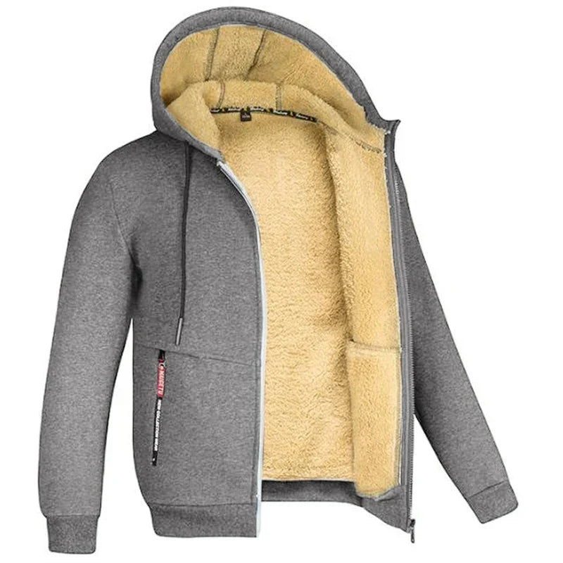 Men’s Plush Hooded Fleece Jacket – Thick Zip-Up Winter Layer with Ribbed Cuffs