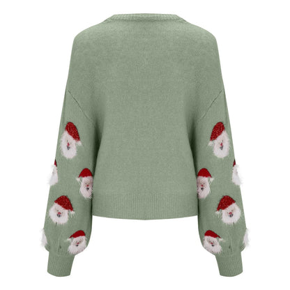 Women’s Festive Printed Sweater – Relaxed Crew Neck Knit for Christmas Parties
