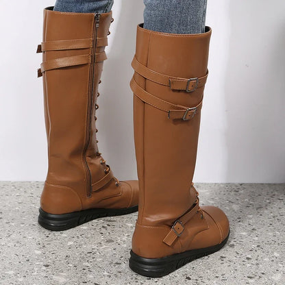 Women’s Leather Knee-High Lace-Up Boots – Buckle-Strap Side-Zip Winter Combat Boots