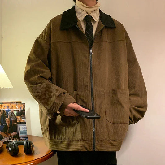 Men’s Vintage Corduroy Bomber Jacket – Relaxed Zip-Up Layer with Contrast Collar