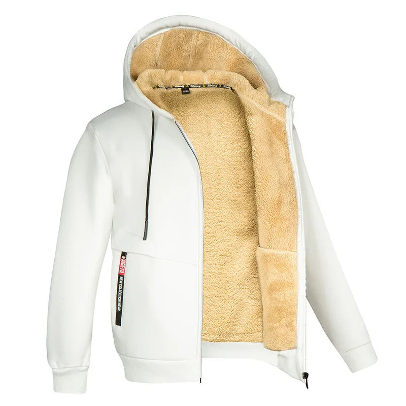 Men’s Plush Hooded Fleece Jacket – Thick Zip-Up Winter Layer with Ribbed Cuffs