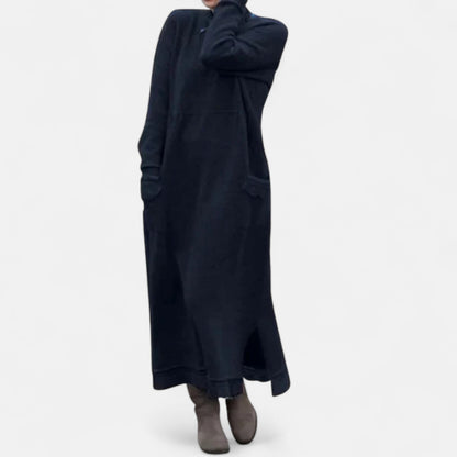 Women’s Knitted Maxi Dress – Stand-Collar Jumper Dress with Pockets